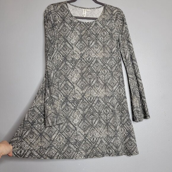 Others Follow Womens S Boho Tunic Dress Black White Geometric Print Long Bell Sl - Picture 4 of 7